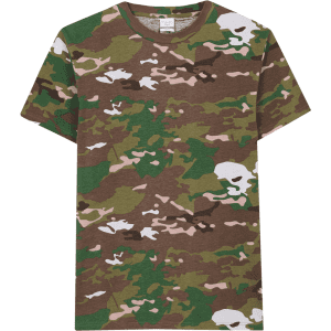 A camouflage-patterned T-shirt in shades of green, brown, and tan with a casual fit and short sleeves.
