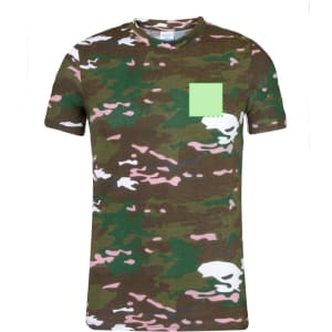 A green and camouflage patterned adult T-shirt featuring a pocket area. The shirt has a logo on the chest.