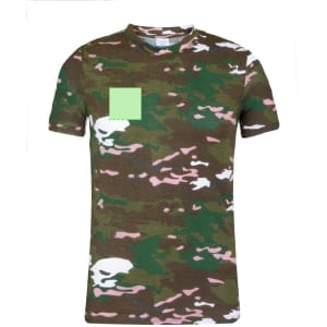 A camo-print adult t-shirt featuring green, pink, and white colours, with a solid square design on the front.