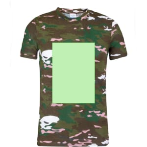 A camouflage adult t-shirt featuring shades of green, brown, and pink with a blank green square on the front and a logo.