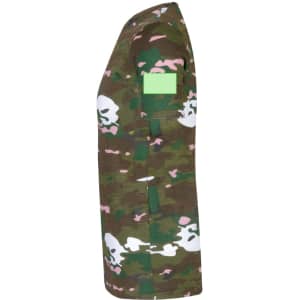 A camo-patterned adult T-shirt in greens and pinks, featuring a logo patch on the sleeve.