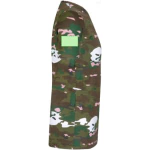 A camouflage-patterned adult T-shirt in green, pink, and white, featuring a logo on the sleeve.
