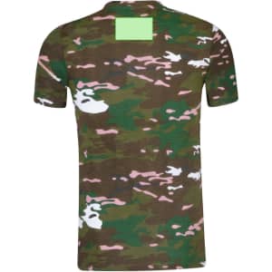 A camouflage adult T-shirt in green, brown, and pink, featuring a logo on the back.