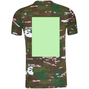 A camouflage adult T-shirt in green hues with a blank rectangular area on the back and a logo.