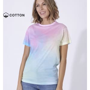 A pastel-coloured adult T-shirt featuring a gradient design, made from cotton, with a logo on the top left.