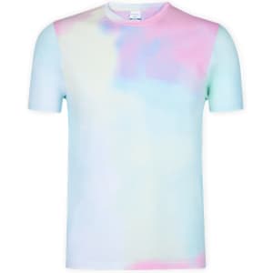 A pastel coloured adult t-shirt featuring a mix of pink, blue, and white hues with a logo on the chest.