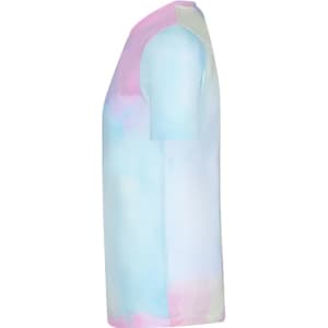 A side view of a pastel tie-dye adult t-shirt in shades of pink, blue, and white with a logo.