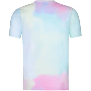 A pastel tie-dye adult t-shirt in shades of blue, pink, and white with a logo. The shirt features a short sleeve design.