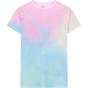 A pastel gradient T-shirt featuring shades of pink and blue, with a subtle logo.