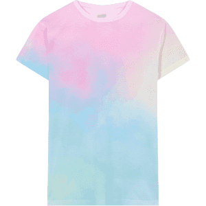 A pastel-coloured T-shirt with a tie-dye effect featuring shades of pink, blue, and white. It has a logo on it.