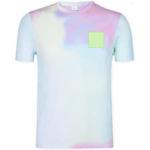 A pastel-coloured adult T-shirt featuring a soft gradient of pink, blue, and green with a square patch.