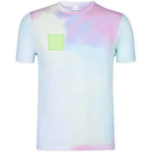 A pastel tie-dye adult T-shirt in shades of pink, blue, and green with a logo placement area.