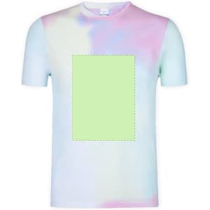 A multicoloured tie-dye adult t-shirt featuring pastel shades of blue, pink, and a blank green centre.