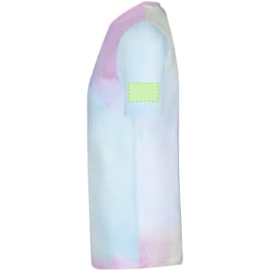 A light blue and pink tie-dye adult T-shirt with a logo on the sleeve.