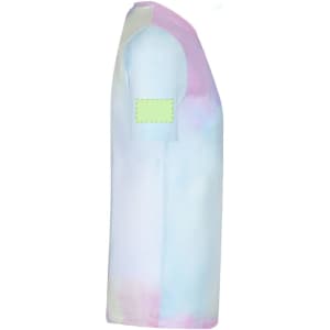 A tie-dye adult t-shirt in pastel shades of blue and purple featuring a placeholder for branding on the sleeve.