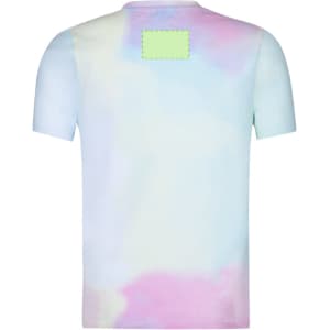 A pastel-coloured adult T-shirt featuring a tie-dye design in light blue and pink, with a blank label on the back.