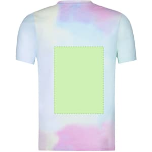 A pastel-coloured adult t-shirt featuring a blank green section on the back and a subtle tie-dye pattern.