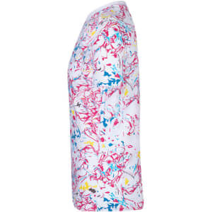 A side view of a Helixa adult T-shirt featuring a vibrant multicoloured abstract pattern on a white background.