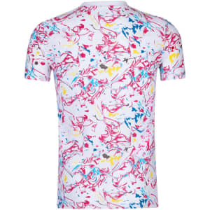 A white adult t-shirt featuring a vibrant multicoloured abstract pattern and a logo on the sleeve.