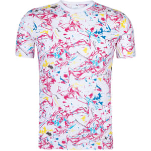 A white t-shirt featuring a vibrant abstract pattern in pink, yellow, and blue colours, with a logo present.