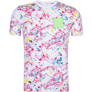 A multicoloured adult t-shirt featuring a vibrant abstract design in pink, blue, yellow, and white, with a square patch.
