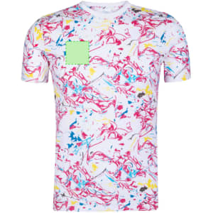 A multicoloured adult T-shirt featuring an abstract pattern in pink, blue, and yellow on a white background with a green pocket.