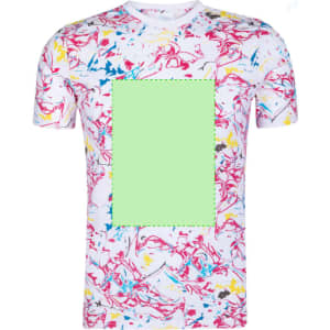 A multicoloured adult T-shirt featuring a vibrant abstract design and a blank green central area.