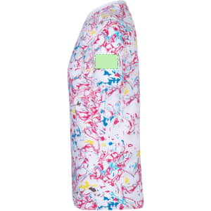 A white T-shirt with a colourful abstract pattern in pink, blue, and yellow. It features a logo on the side.