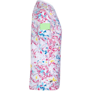 A multicoloured adult T-shirt featuring a vibrant abstract pattern and a logo on the sleeve.