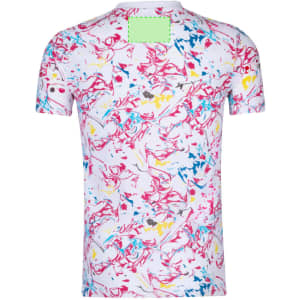 A Helixa adult t-shirt featuring a vibrant multicoloured abstract pattern on a white background and includes a logo.