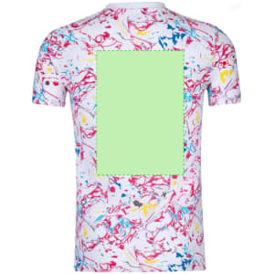 A colourful adult t-shirt featuring a vibrant abstract pattern in pink, blue, and yellow with a blank green section on the back.