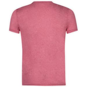 A pink adult T-shirt with a round neck and short sleeves, featuring a logo on the back.