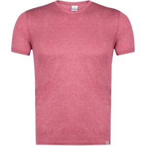 A pink adult t-shirt featuring a classic crew neck design and a branding logo on the hem.