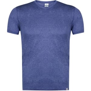 A navy blue adult T-shirt featuring a round neck and short sleeves, with a small logo on the hem.