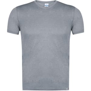A grey adult T-shirt featuring a classic crew neck design and a logo at the side.