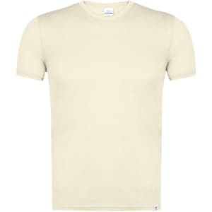 A cream-coloured adult t-shirt with a plain design and a logo at the hem.