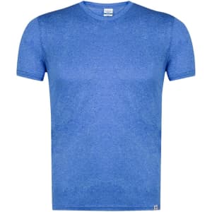 A blue adult t-shirt with a crew neckline and short sleeves, featuring a small logo at the bottom.