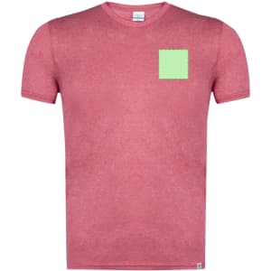 A red adult T-shirt featuring a square patch on the front. The shirt has a logo on the collar.