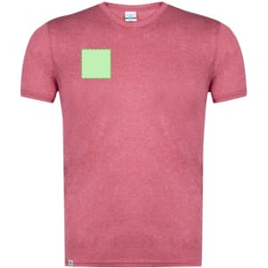 A red adult T-shirt featuring a green square on the front and a logo on the label.