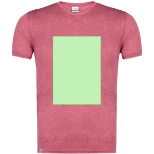 A red adult T-shirt featuring a blank green rectangular area in the centre. The shirt has a logo on the label.