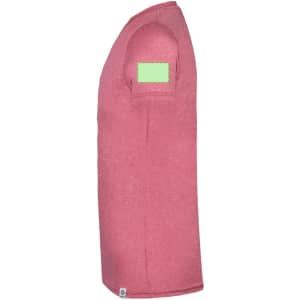 A side view of a pink adult t-shirt featuring a logo or branding on the sleeve.