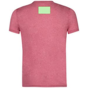 A red adult T-shirt with a short sleeve and a plain green label on the back.