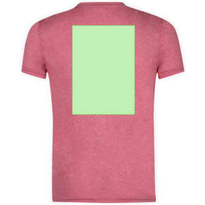 A red adult T-shirt featuring a plain green rectangular area on the back. The shirt has a logo on it.
