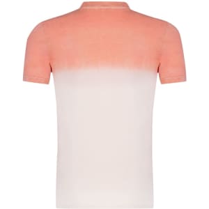 A short-sleeved adult T-shirt featuring a gradient design from coral to white, with a logo on the back.