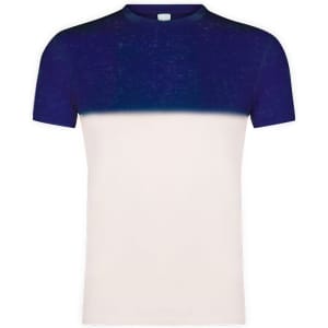 A navy and white gradient adult T-shirt featuring a simple design and a logo on the front.