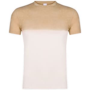 A beige and cream gradient adult T-shirt featuring a round neckline and short sleeves, with a logo present.