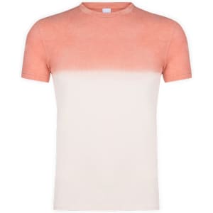 A t-shirt featuring a gradient design, transitioning from coral at the top to cream at the bottom. It has a logo on the label.