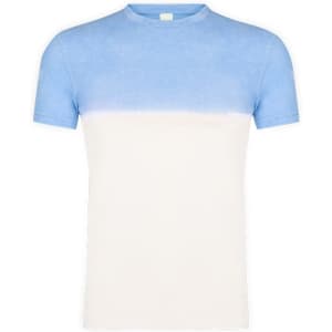A short-sleeved T-shirt featuring a blue and white gradient design. The shirt has a simple, modern cut and includes a logo.