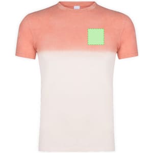 A coral and cream gradient adult T-shirt featuring a green square graphic on the chest. It has a logo on it.