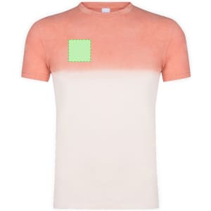 An adult T-shirt featuring a gradient design from peach to cream, with a green square on the chest area.